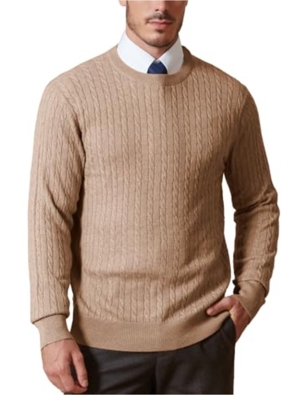 Men's Wool Blend Cable Knit Pullover Sweater Crew Neck Long Sleeve Relaxed Fit